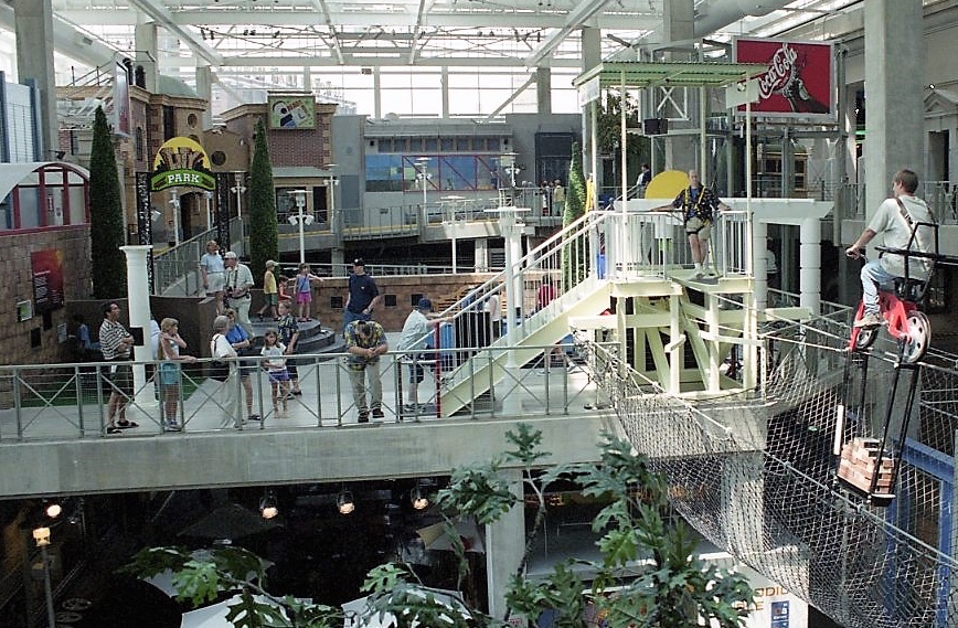 View inside Science City at Union Station, Kansas City showing upper level of fabricated city.